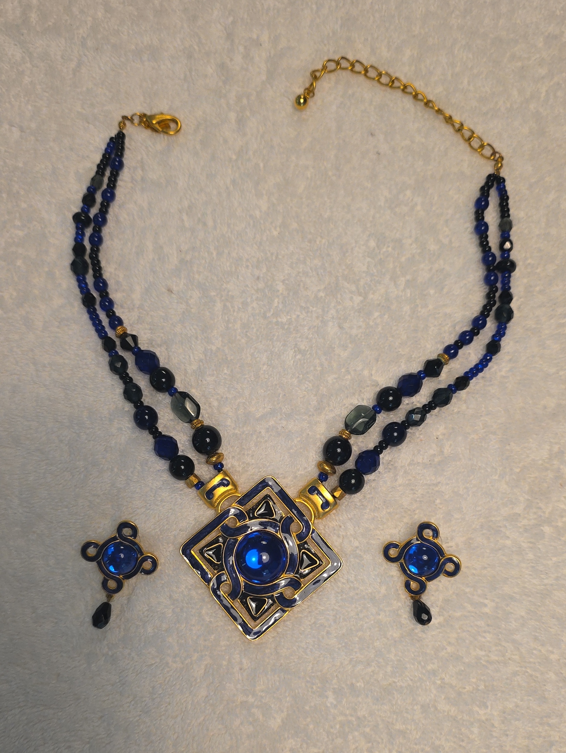 Chico's Elegant Blue Glass Bead Necklace And Earring Set - Gold Accents